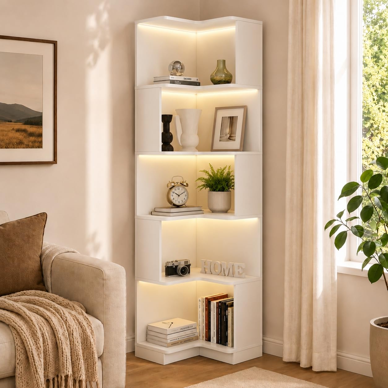 Bookshelf 5 Tier - 5-Tier Corner Bookshelf With LED Lights,