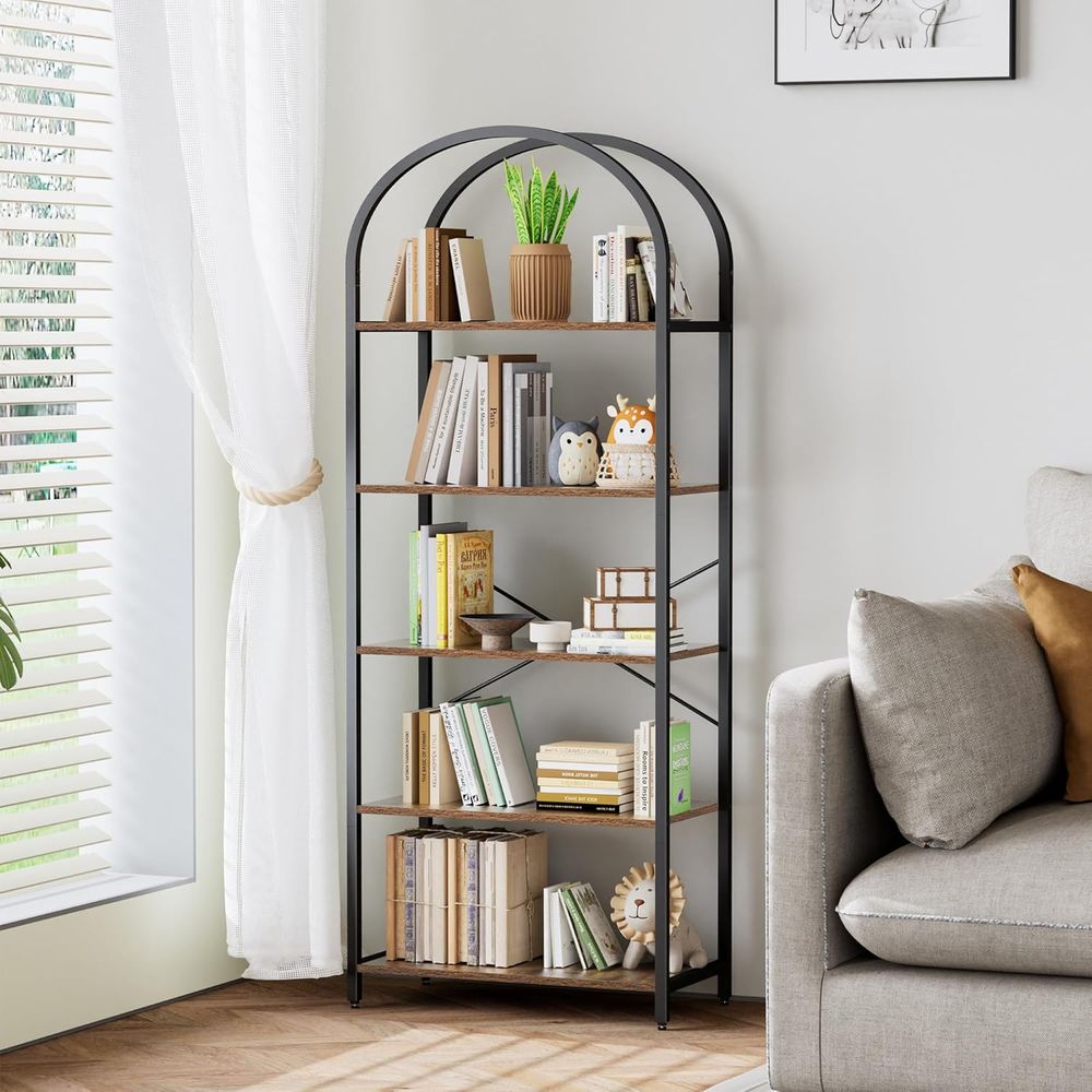 Bookshelf 5 Tier - 5-Tier Arched Wood and Metal Bookshelf,