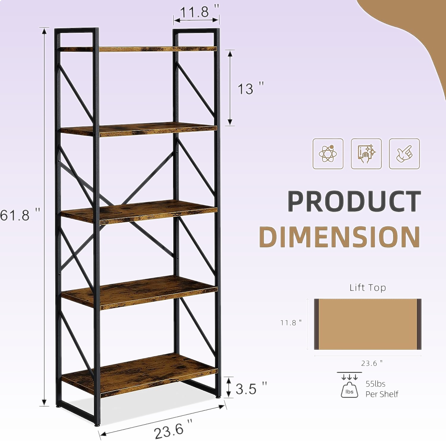 Vongrasig 5 Tier Bookshelf, 62 - Bookshelf 5 Tier 评论和价格